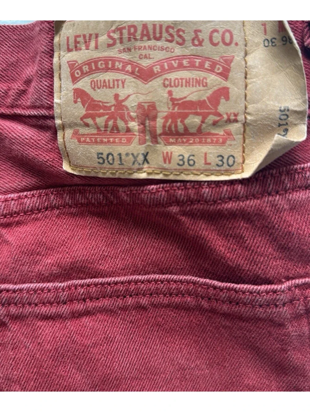Levi’s 501XX Button Fly Jeans Red Crimson 36x30 Straight Leg Vintage Color